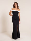 Black Satin Mermaid Off-the-Shoulder Back Zip Floor-Length Dress with contrast foldover