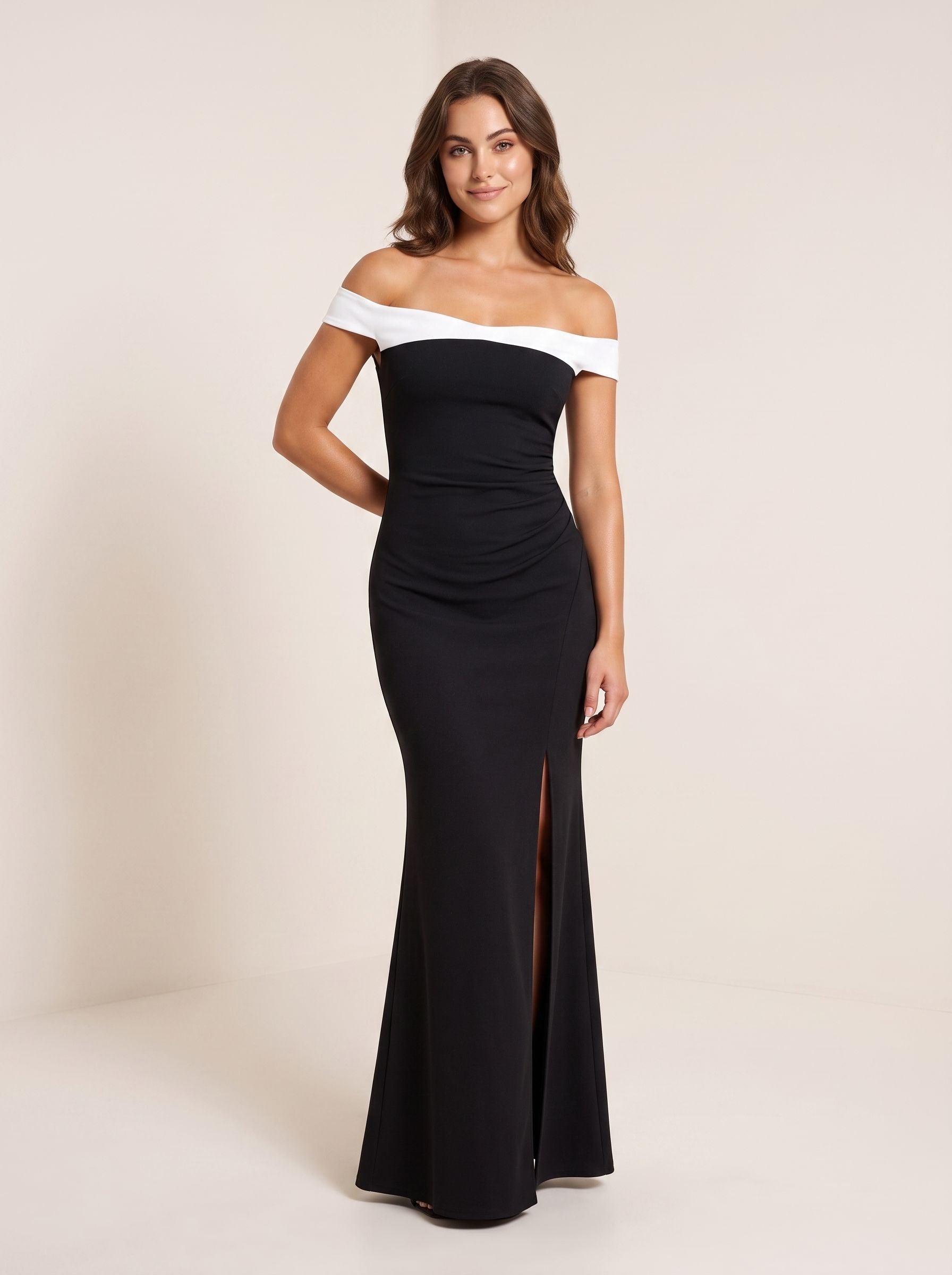 Black Satin Mermaid Off-the-Shoulder Back Zip Floor-Length Dress with contrast foldover