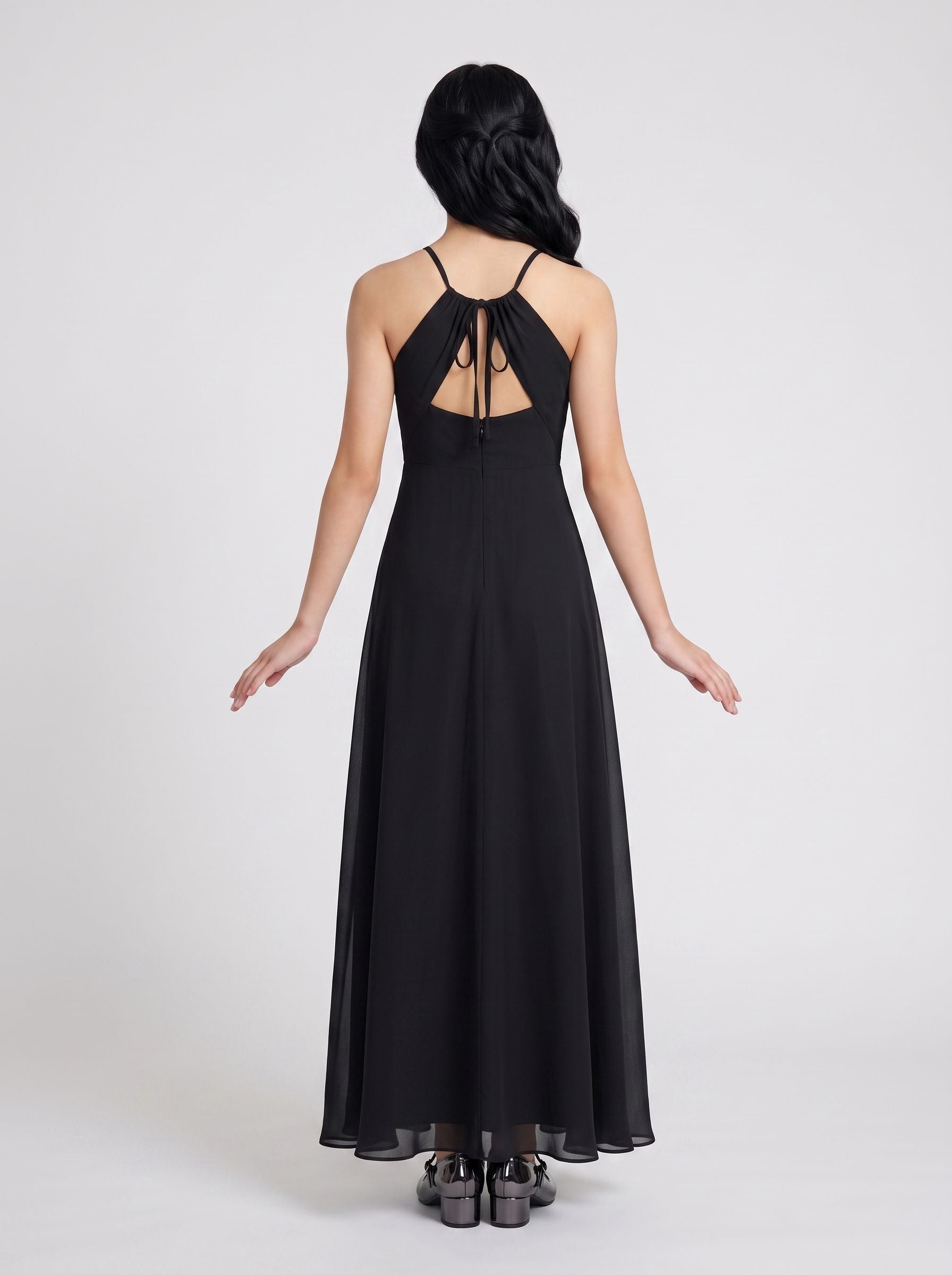 Black Chiffon A-Line V-Neck Back Zip Floor-Length Dress with Pleated Bodice