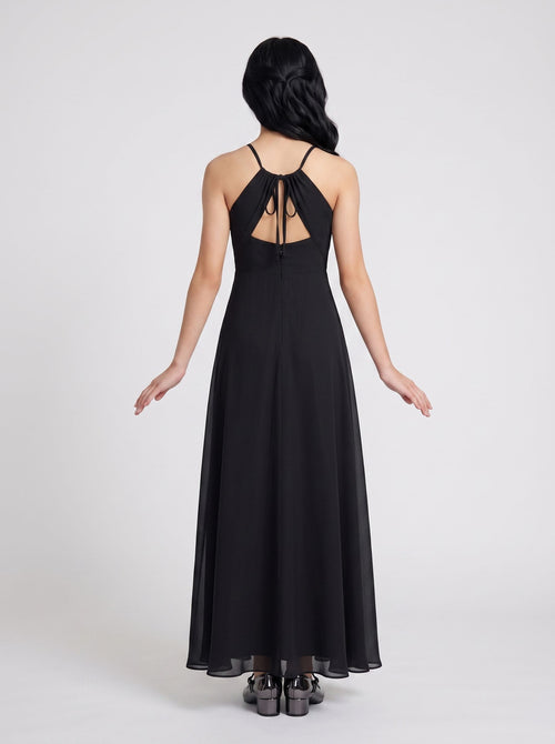 Black Chiffon A-Line V-Neck Back Zip Floor-Length Dress with Pleated Bodice