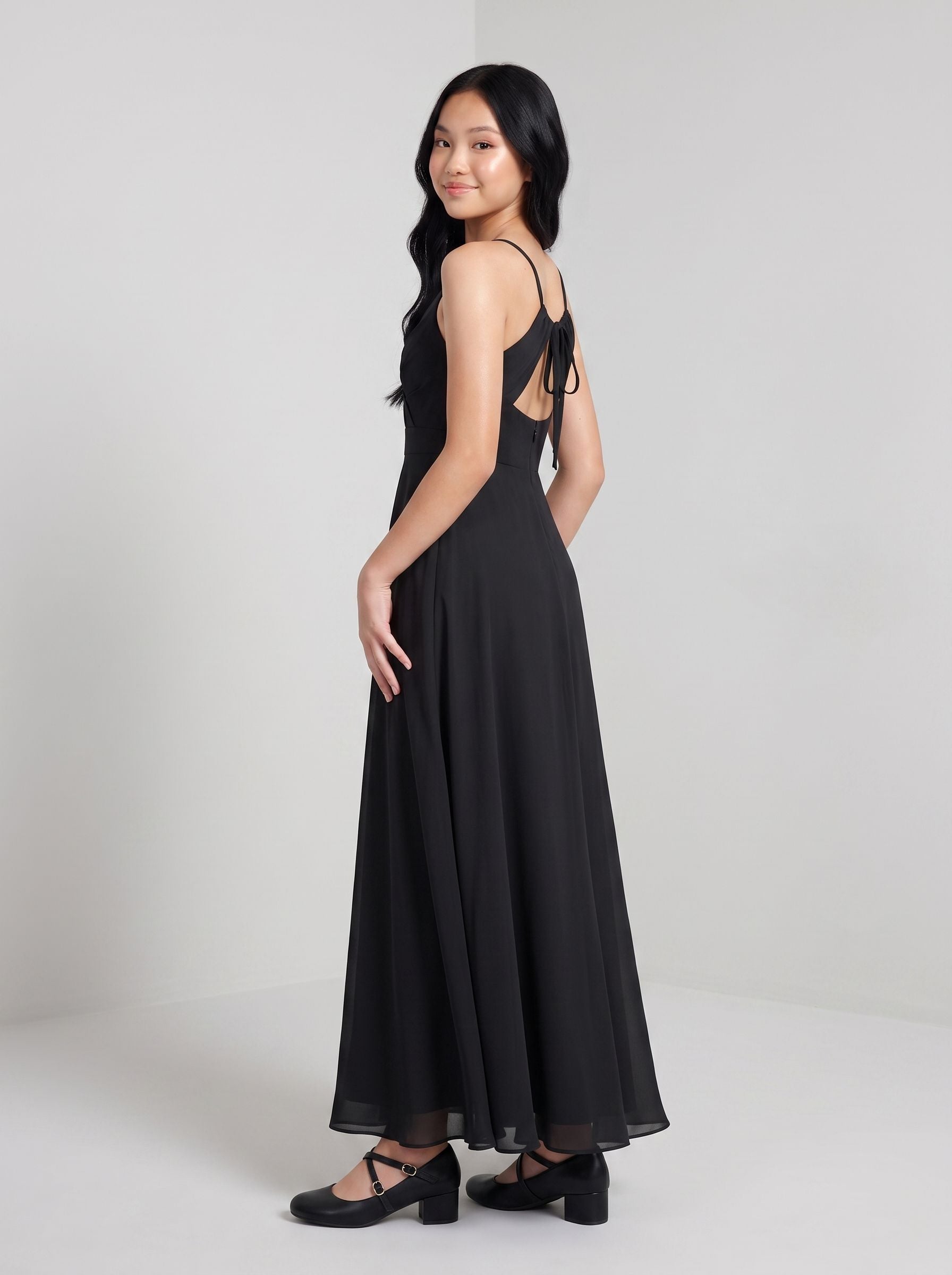 Black Chiffon A-Line V-Neck Back Zip Floor-Length Dress with Pleated Bodice