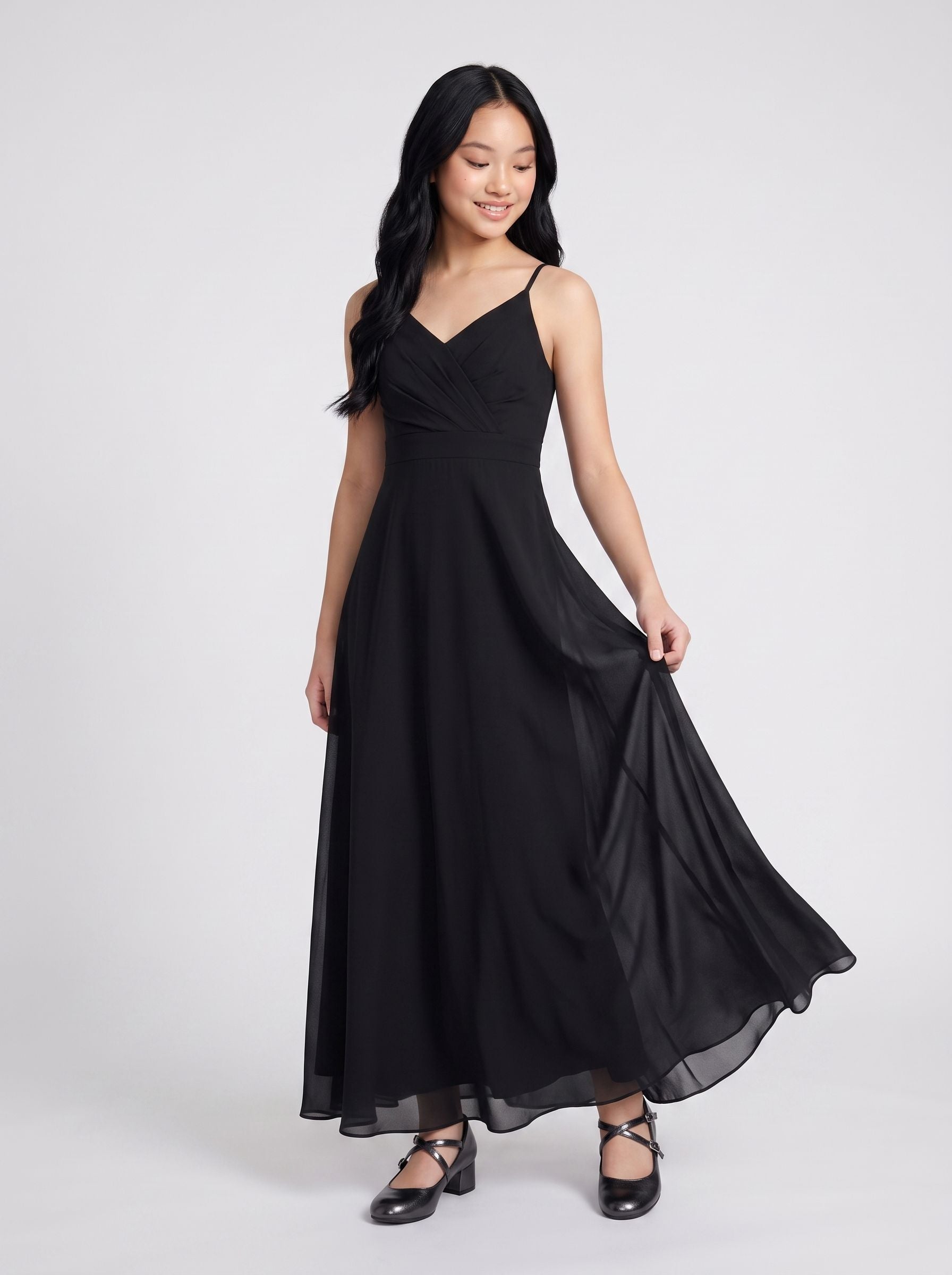 Black Chiffon A-Line V-Neck Back Zip Floor-Length Dress with Pleated Bodice