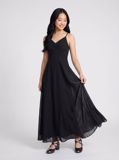 Black Chiffon A-Line V-Neck Back Zip Floor-Length Dress with Pleated Bodice