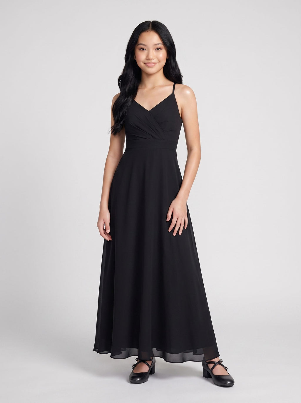 Black Chiffon A-Line V-Neck Back Zip Floor-Length Dress with Pleated Bodice