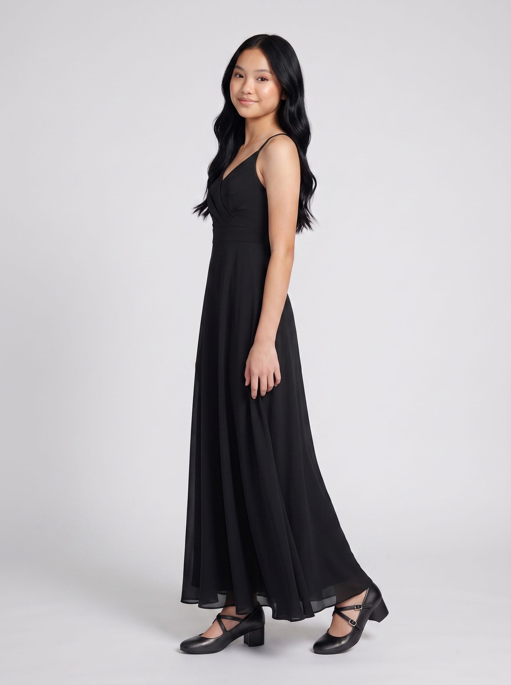 Black Chiffon A-Line V-Neck Back Zip Floor-Length Dress with Pleated Bodice