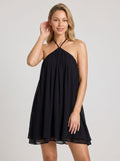 Black Chiffon A-Line Halter neckline Backless Short Dress with an Asymmetrical Hem