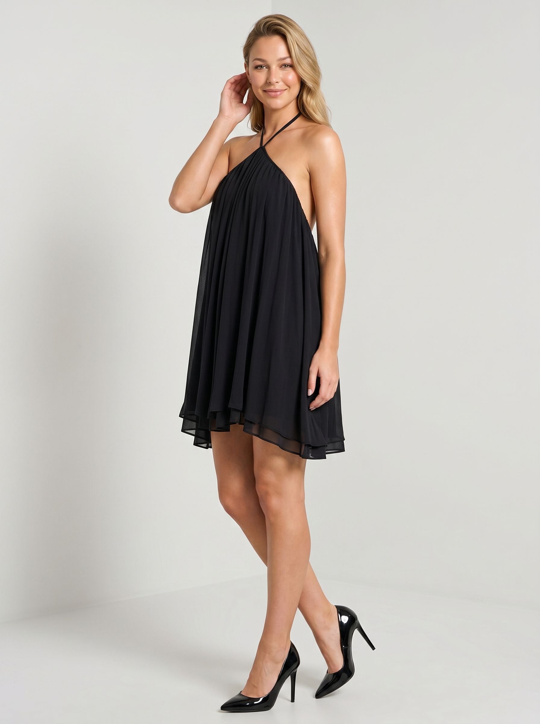 Black Chiffon A-Line Halter neckline Backless Short Dress with an Asymmetrical Hem