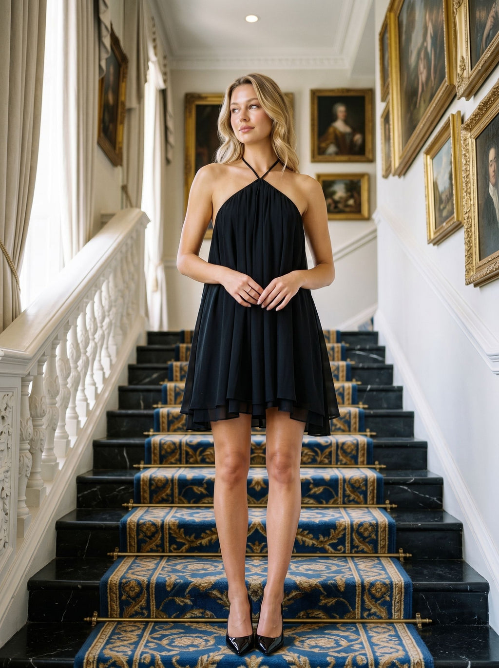 Black Chiffon A-Line Halter neckline Backless Short Dress with an Asymmetrical Hem