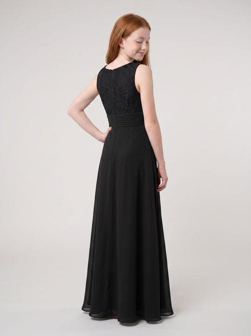 Black Chiffon A-Line Scoop Neck Back Zip Floor-Length Dress with Lace Bodice