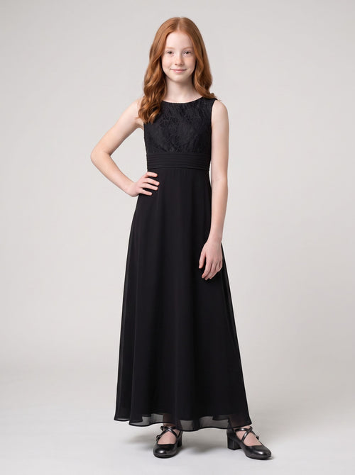 Black Chiffon A-Line Scoop Neck Back Zip Floor-Length Dress with Lace Bodice