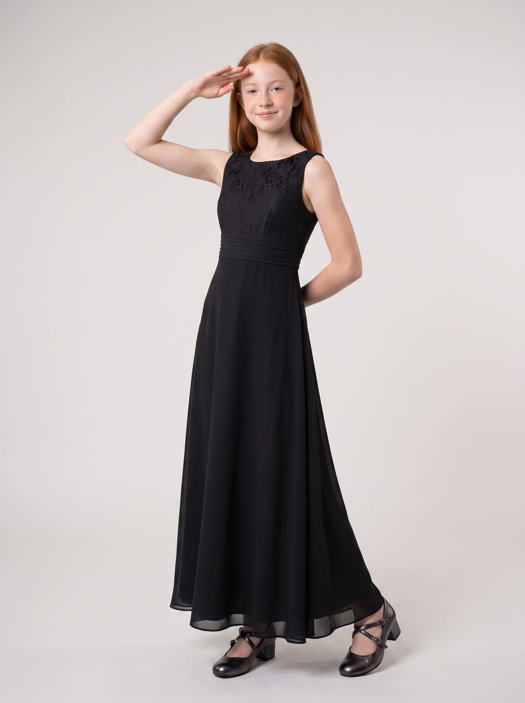 Black Chiffon A-Line Scoop Neck Back Zip Floor-Length Dress with Lace Bodice