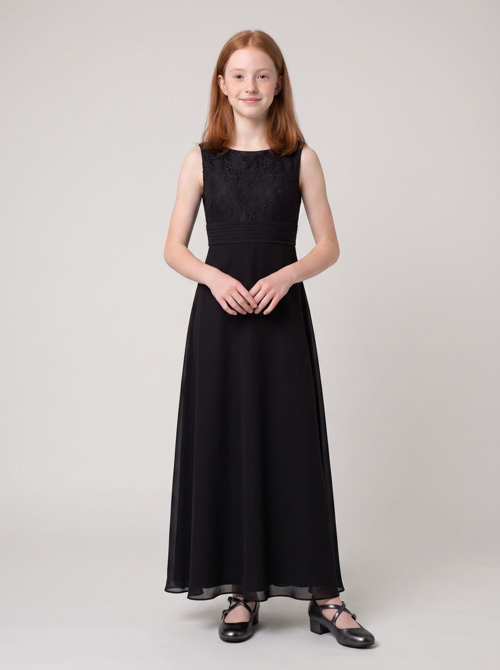 Black Chiffon A-Line Scoop Neck Back Zip Floor-Length Dress with Lace Bodice