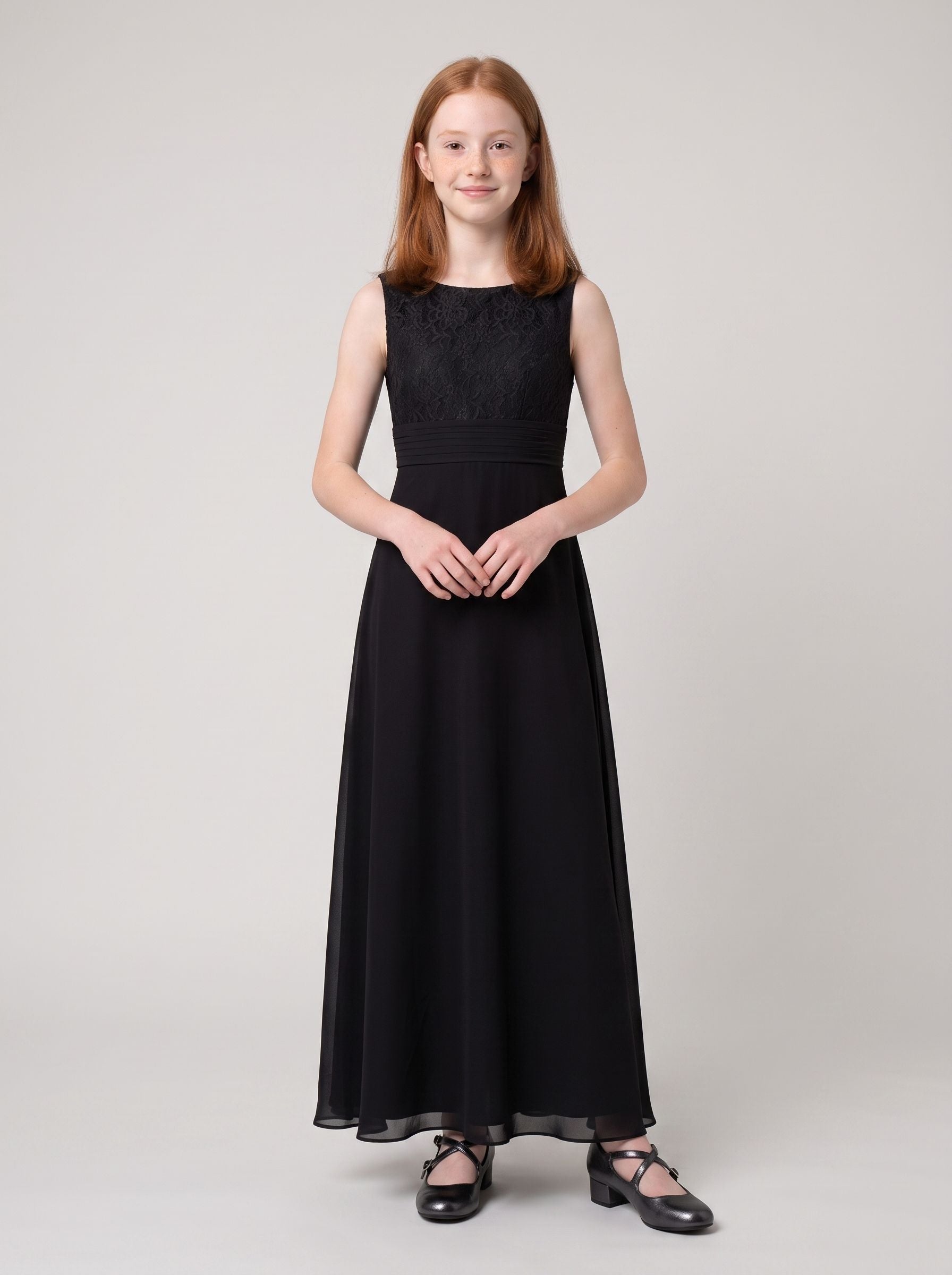Black Chiffon A-Line Scoop Neck Back Zip Floor-Length Dress with Lace Bodice