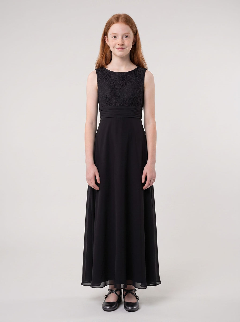 Black Chiffon A-Line Scoop Neck Back Zip Floor-Length Dress with Lace Bodice
