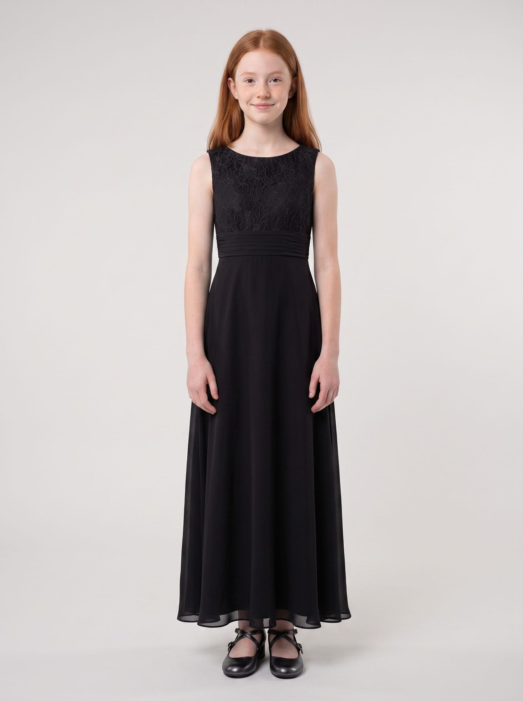 Black Chiffon A-Line Scoop Neck Back Zip Floor-Length Dress with Lace Bodice