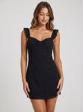 Black Chiffon A-Line V-Neck Side Zip Short Dress with Ruffle Details