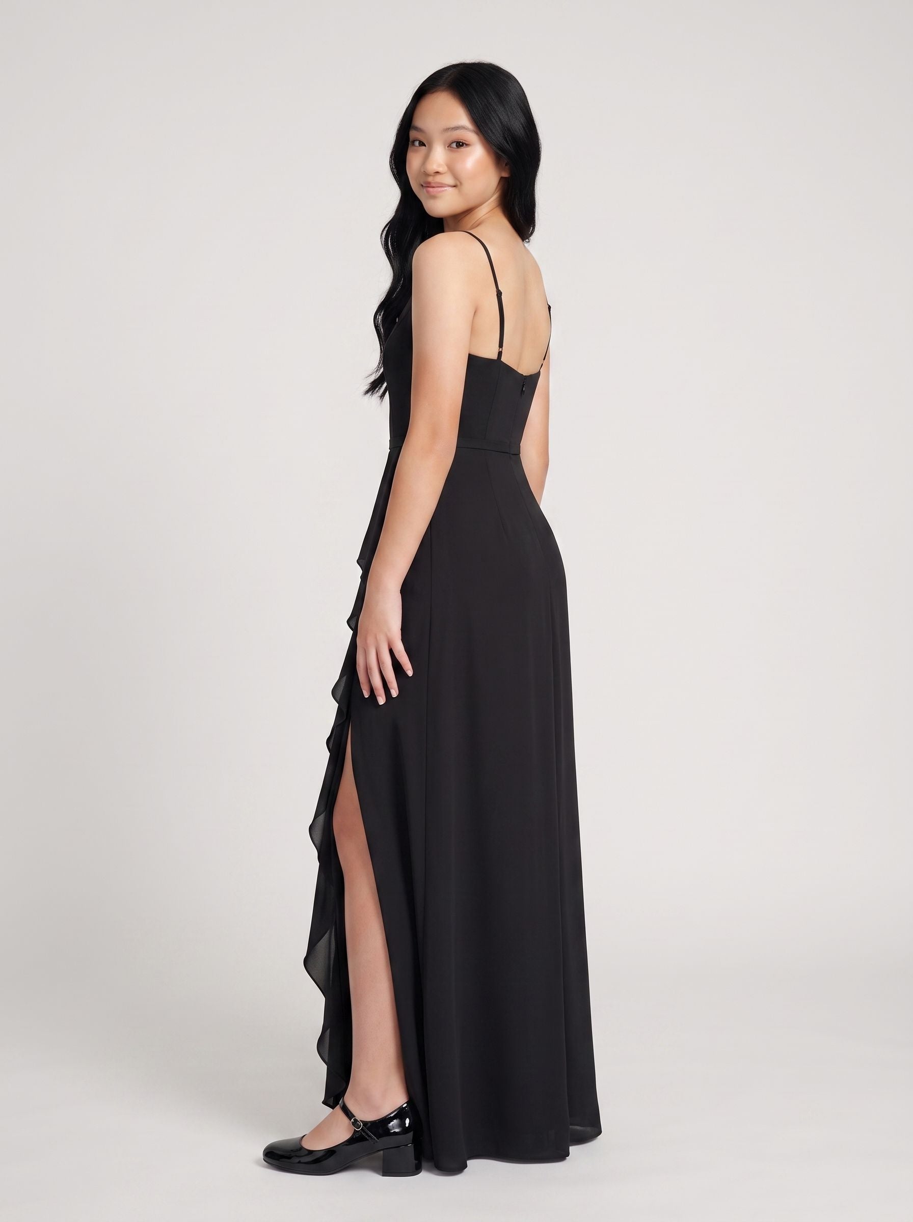 Black Chiffon A-Line Straight Neck Back Zip Floor-Length Dress with Side Slit