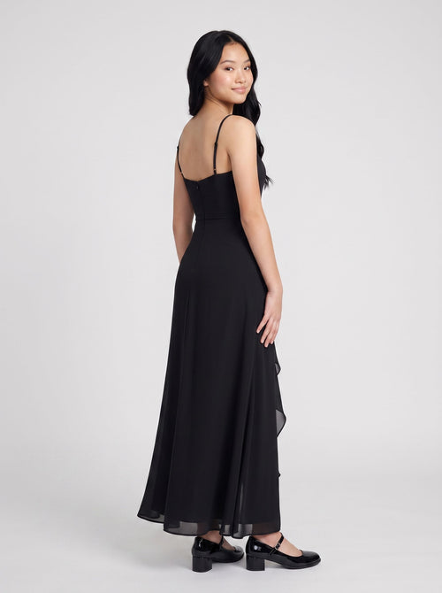 Black Chiffon A-Line Straight Neck Back Zip Floor-Length Dress with Side Slit