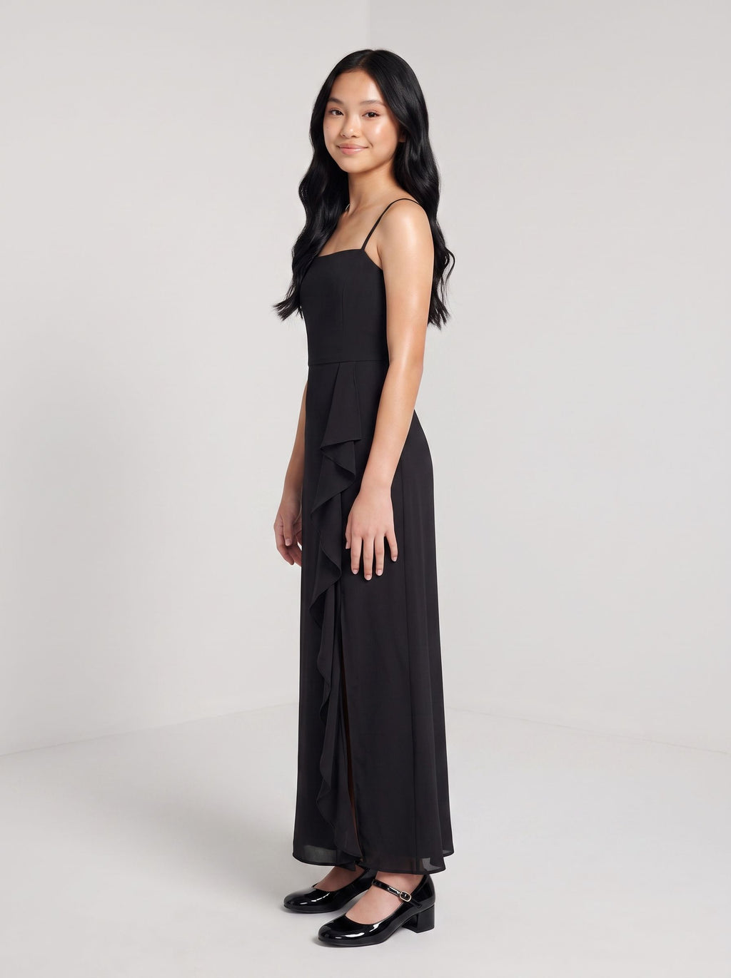 Black Chiffon A-Line Straight Neck Back Zip Floor-Length Dress with Side Slit