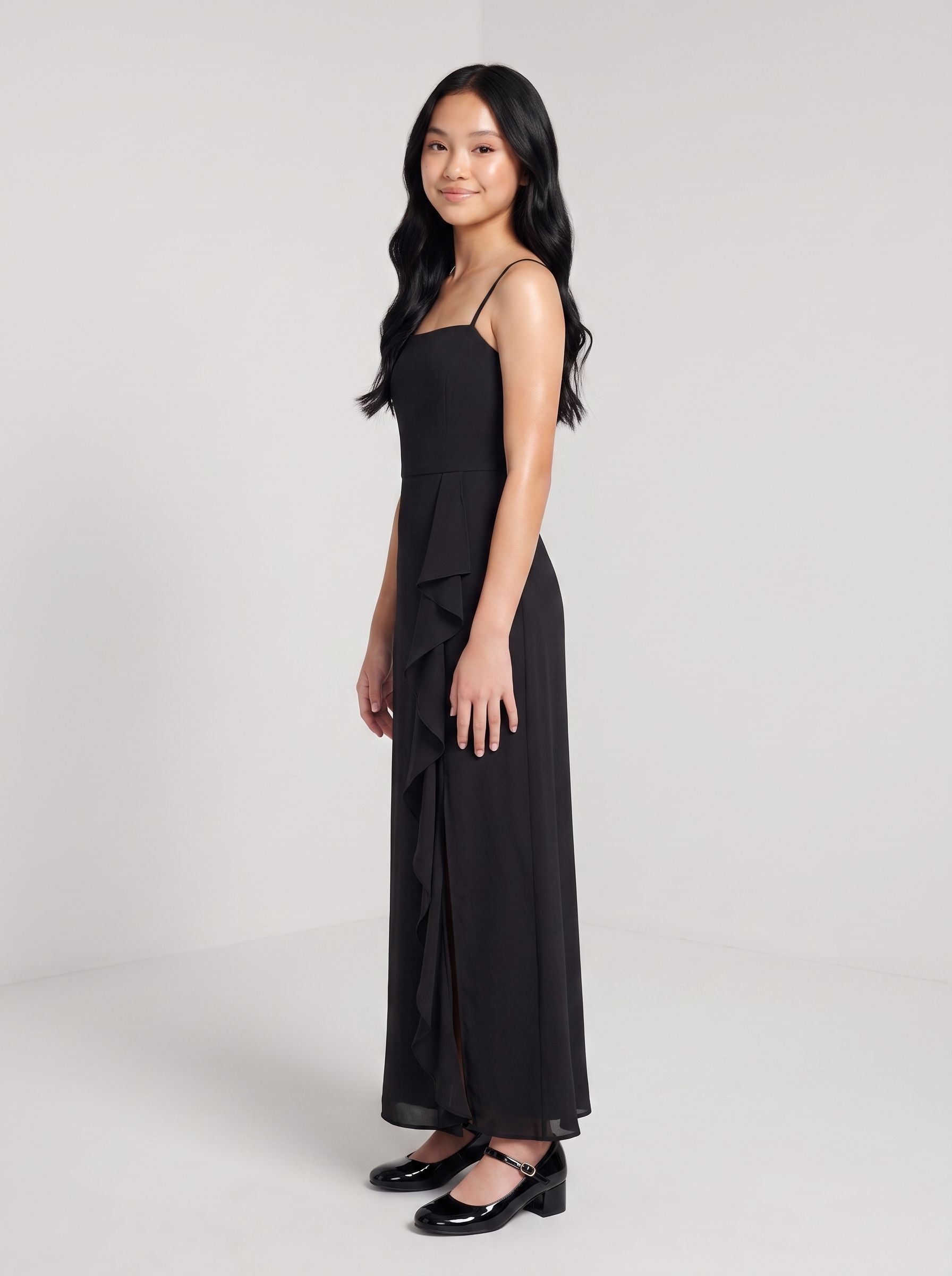 Black Chiffon A-Line Straight Neck Back Zip Floor-Length Dress with Side Slit