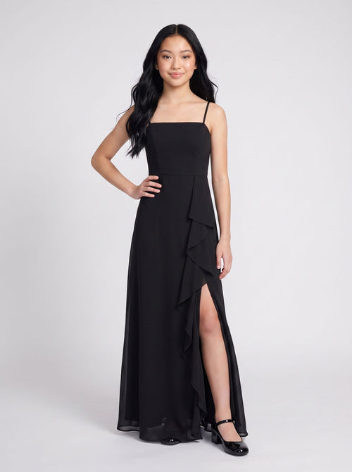 Black Chiffon A-Line Straight Neck Back Zip Floor-Length Dress with Side Slit