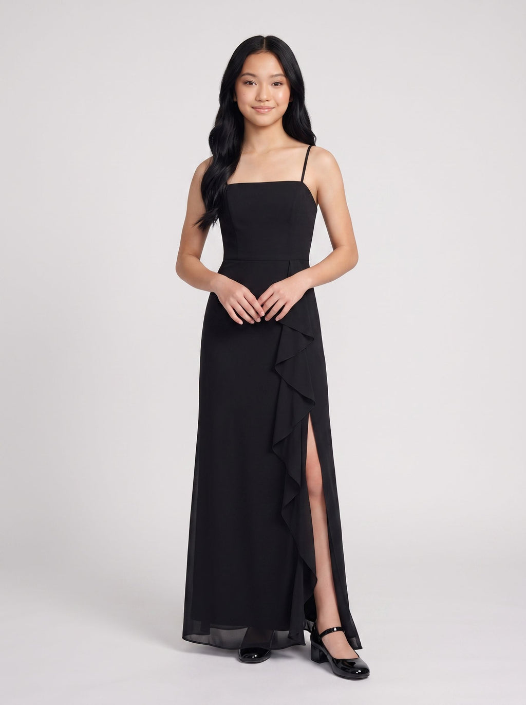 Black Chiffon A-Line Straight Neck Back Zip Floor-Length Dress with Side Slit
