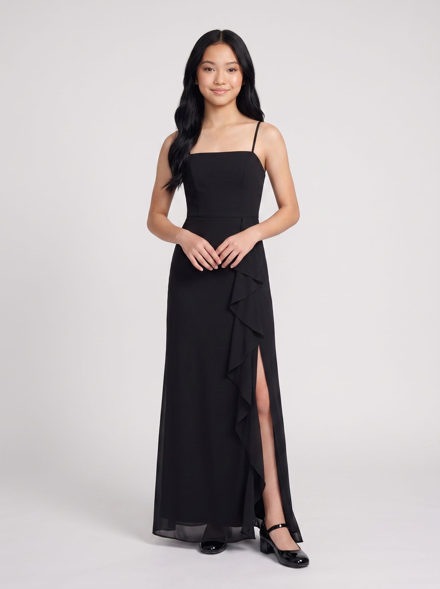 Black Chiffon A-Line Straight Neck Back Zip Floor-Length Dress with Side Slit
