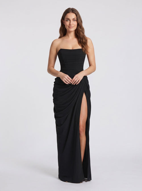 Black Chiffon Sheath Straight Neck Corset Back Floor-Length Dress