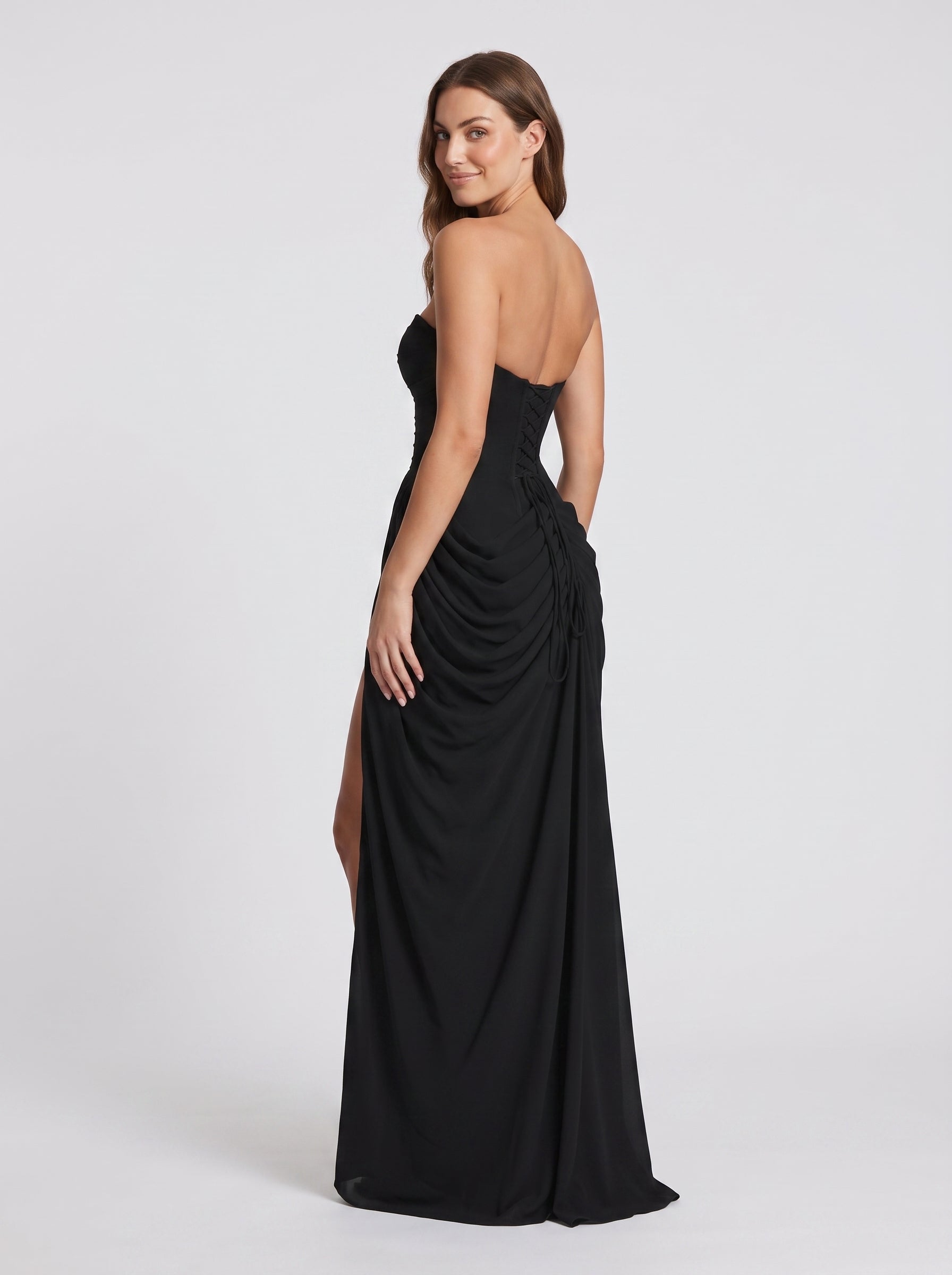 Black Chiffon Sheath Straight Neck Corset Back Floor-Length Dress