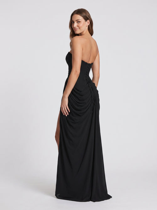 Black Chiffon Sheath Straight Neck Corset Back Floor-Length Dress