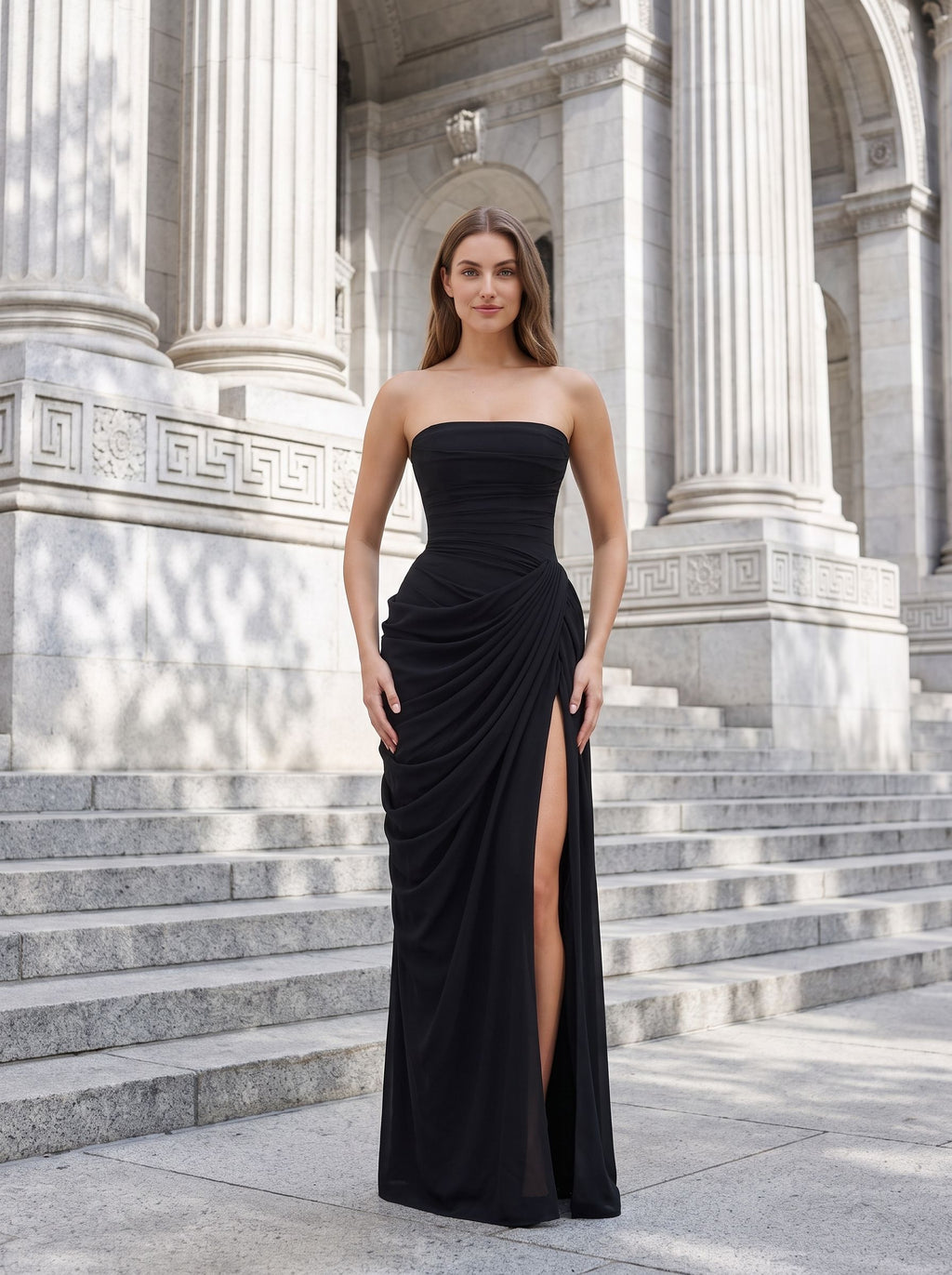Black Chiffon Sheath Straight Neck Corset Back Floor-Length Dress