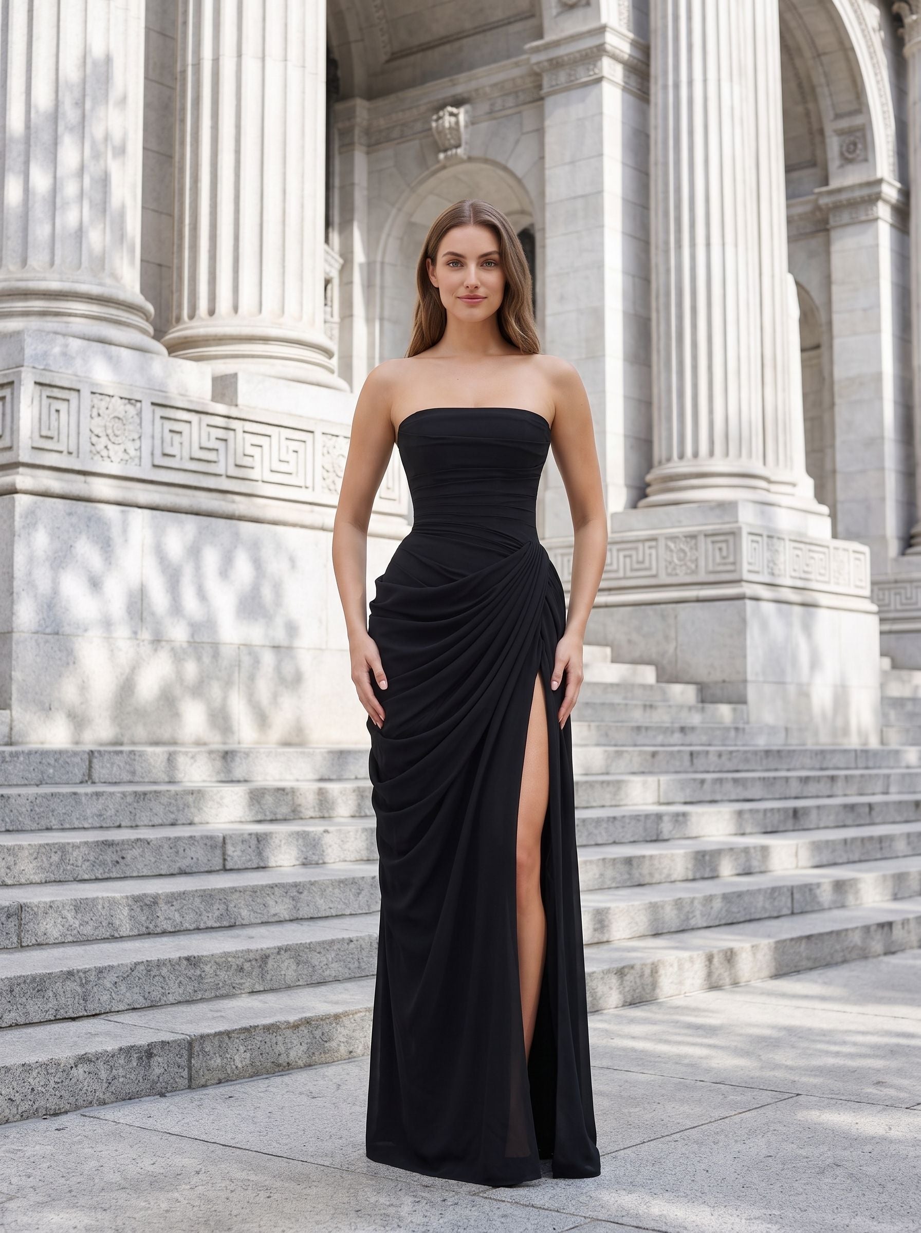 Black Chiffon Sheath Straight Neck Corset Back Floor-Length Dress