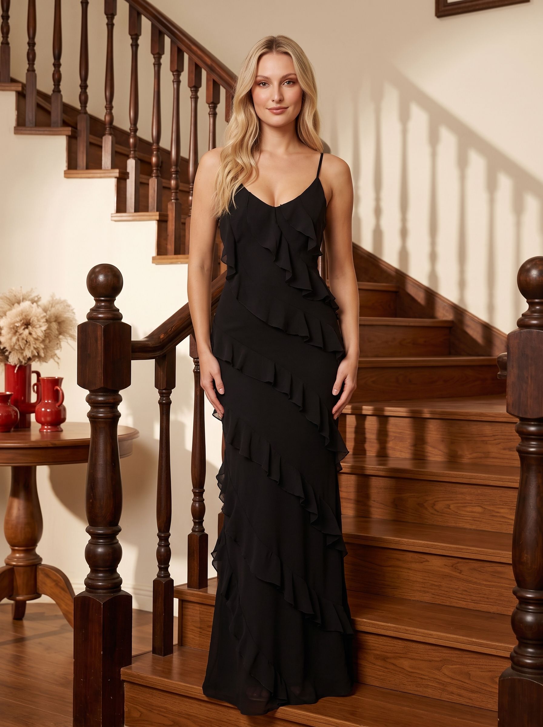 Black Chiffon Sheath V-Neck V-Back Floor-Length Dress with Ruffle 
