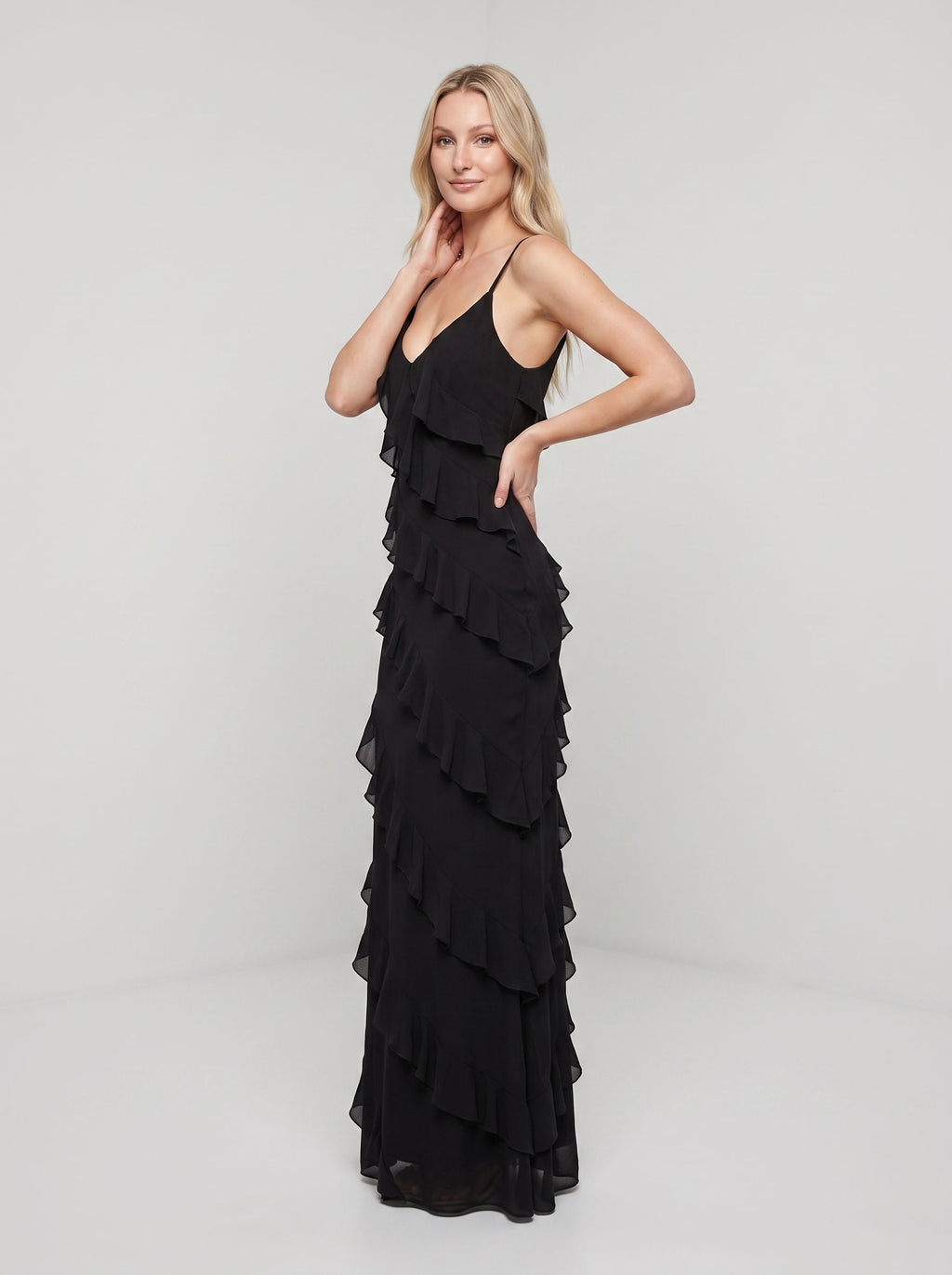 Black Chiffon Sheath V-Neck V-Back Floor-Length Dress with Ruffle 