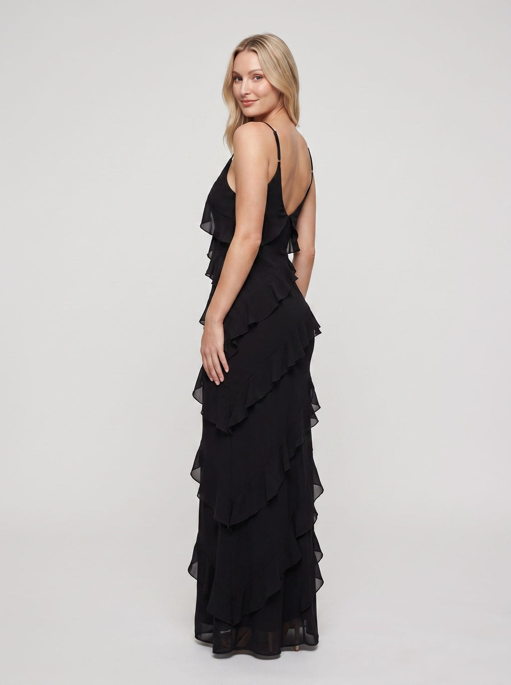 Black Chiffon Sheath V-Neck V-Back Floor-Length Dress with Ruffle 