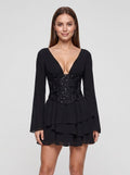 Black Chiffon A-Line V-Neck Lace-up Mini Dress with Wide Long Sleeves