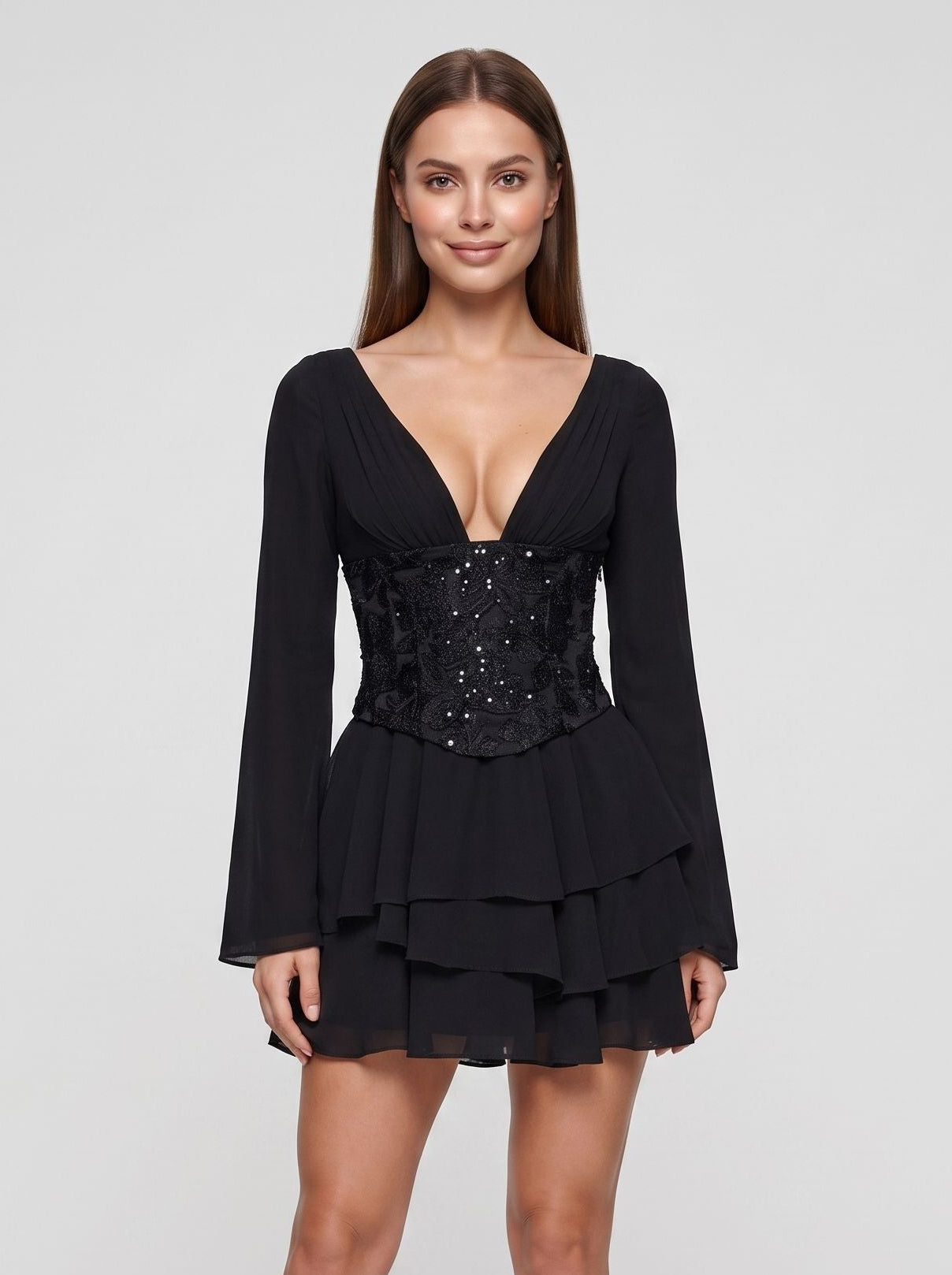 Black Chiffon A-Line V-Neck Lace-up Mini Dress with Wide Long Sleeves