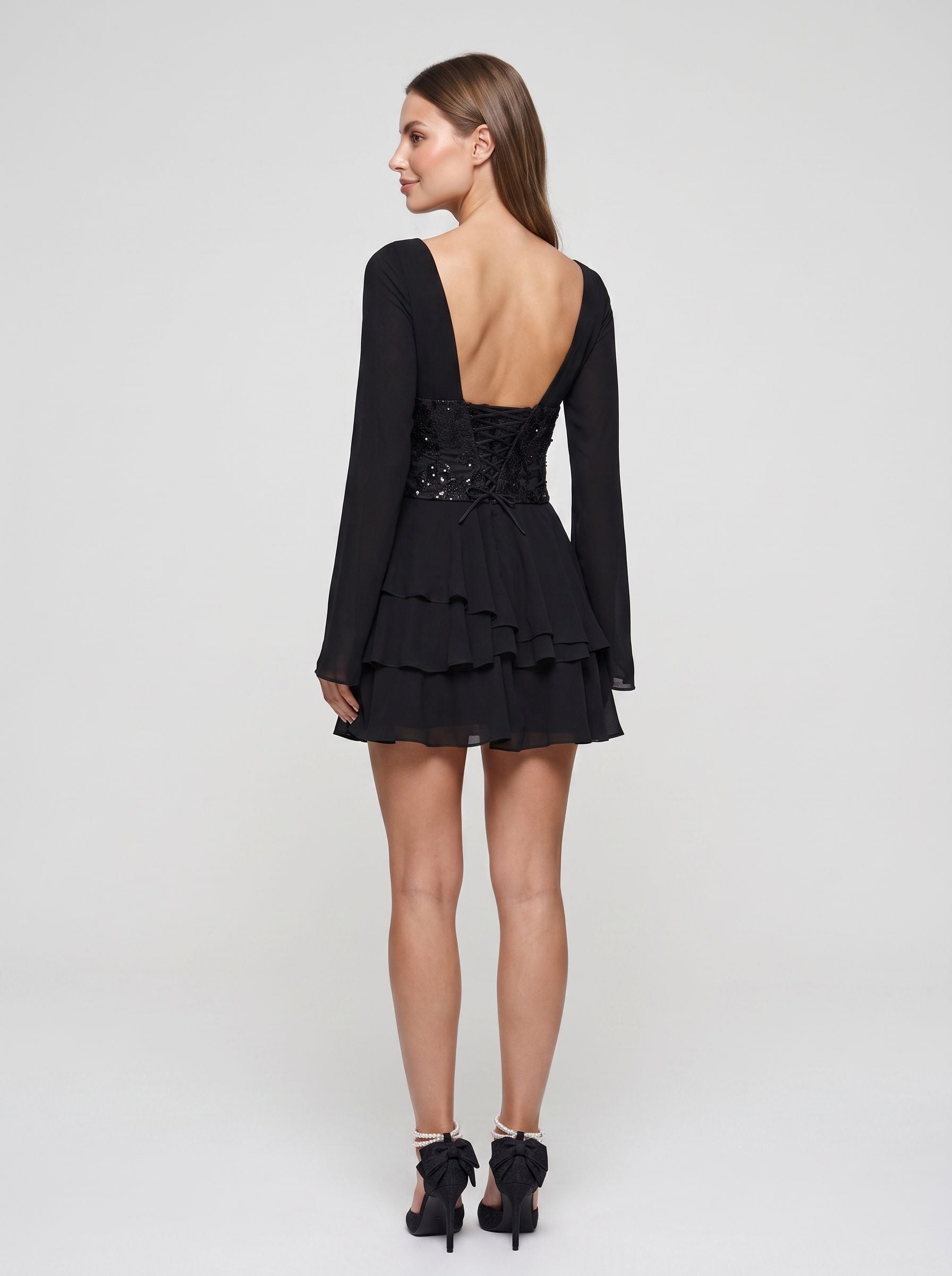 Black Chiffon A-Line V-Neck Lace-up Mini Dress with Wide Long Sleeves