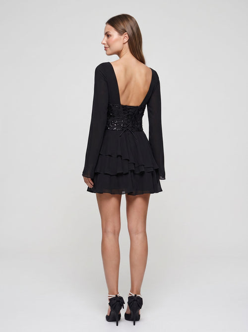Black Chiffon A-Line V-Neck Lace-up Mini Dress with Wide Long Sleeves