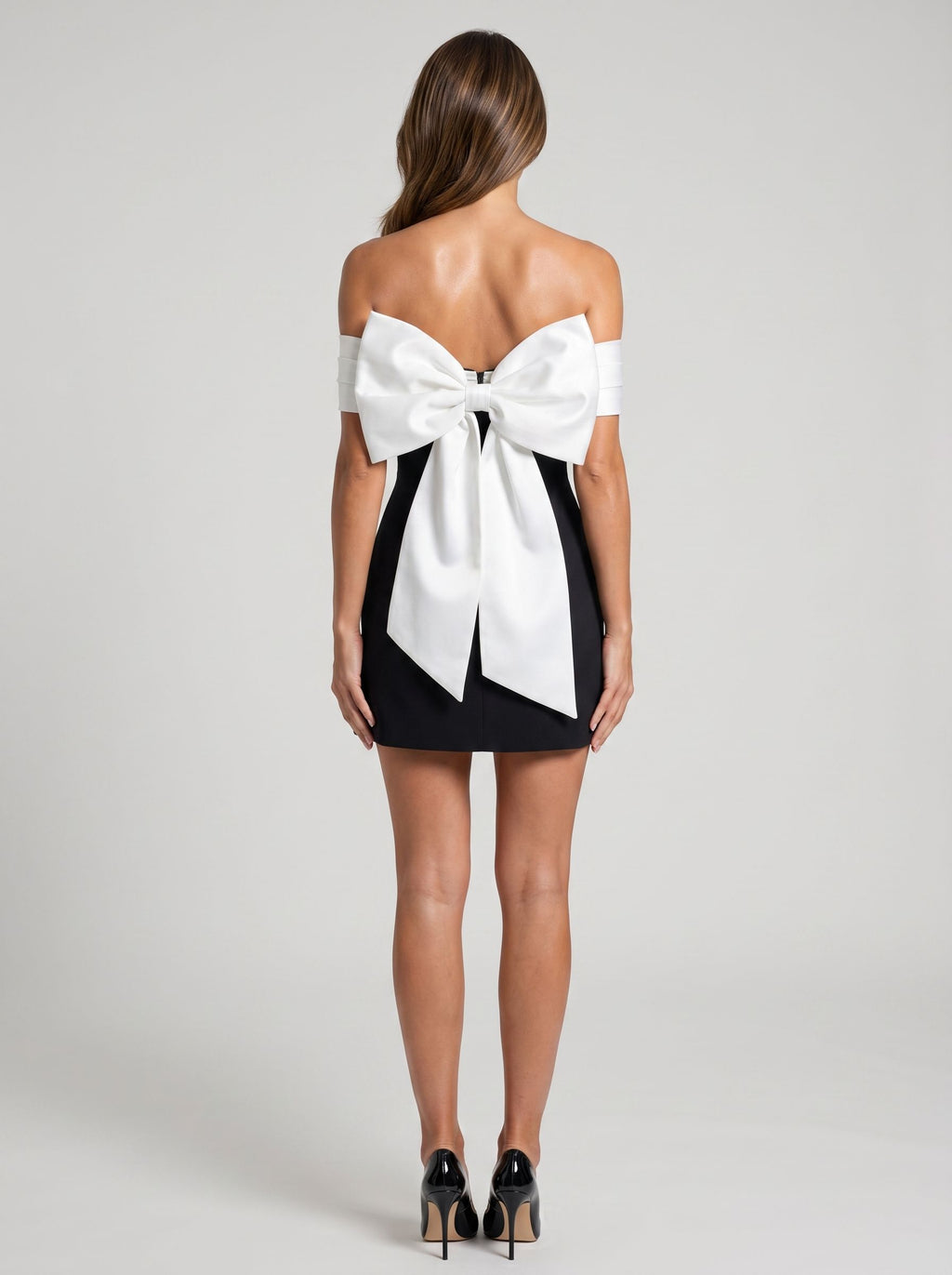 Black Satin A-Line Off-the-Shoulder Bow Short Dress with Bubble Hem
