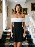 Black Satin A-Line Off-the-Shoulder Bow Short Dress with Bubble Hem