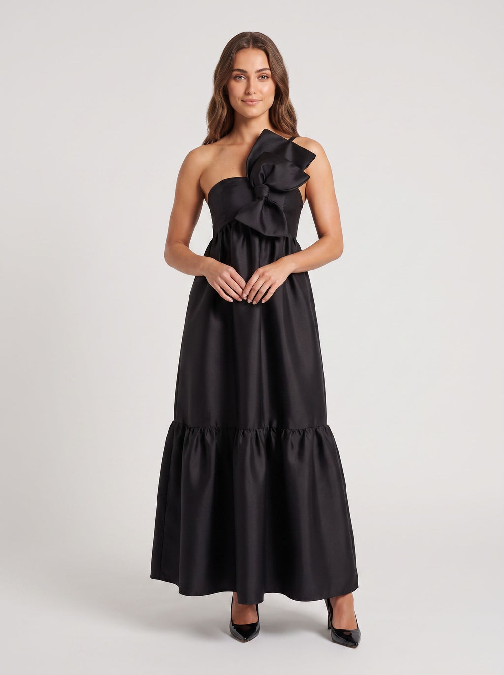 Black Satin A-Line One Shoulder Back Zip Floor-Length Dress with Front Bow and Side Pockets