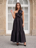 Black Satin A-Line One Shoulder Back Zip Floor-Length Dress with Front Bow and Side Pockets