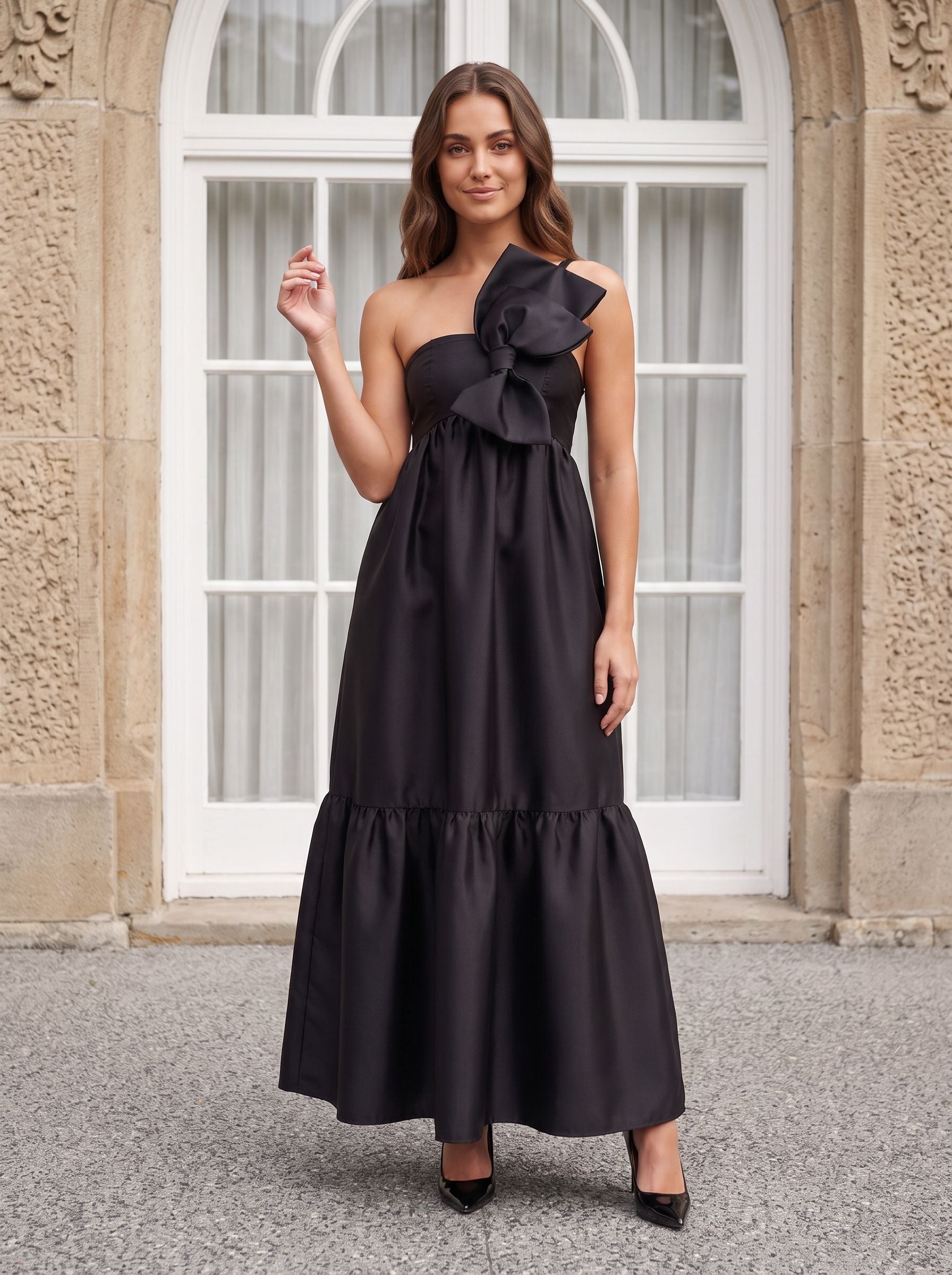 Black Satin A-Line One Shoulder Back Zip Floor-Length Dress with Front Bow and Side Pockets
