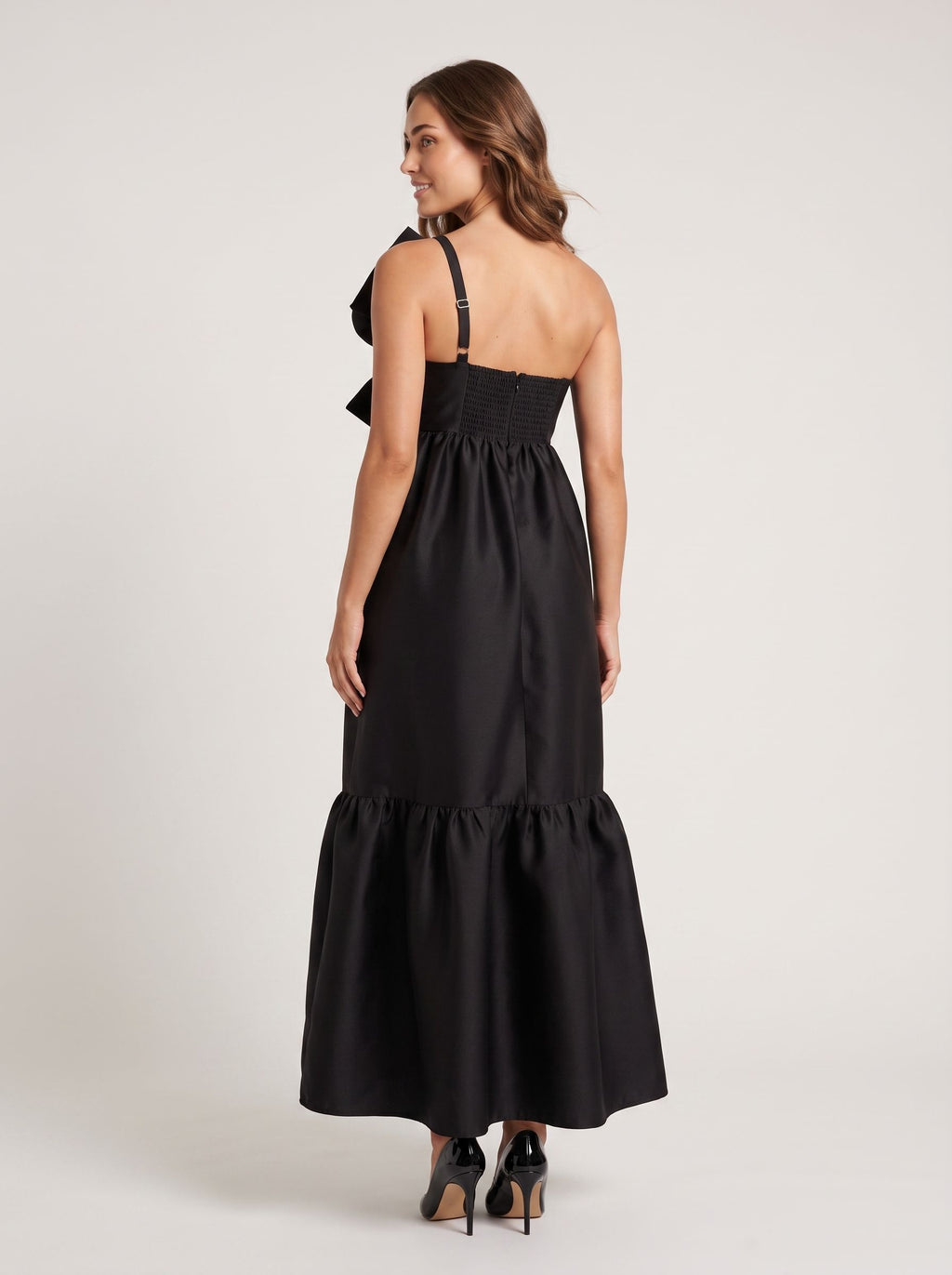 Black Satin A-Line One Shoulder Back Zip Floor-Length Dress with Front Bow and Side Pockets