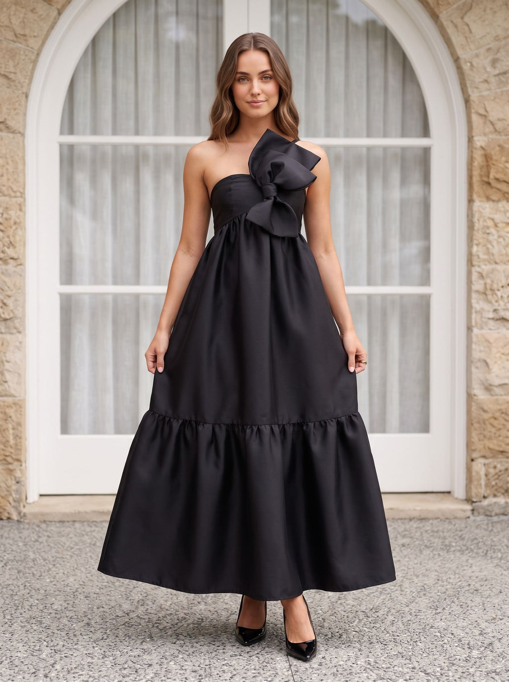 Black Satin A-Line One Shoulder Back Zip Floor-Length Dress with Front Bow and Side Pockets