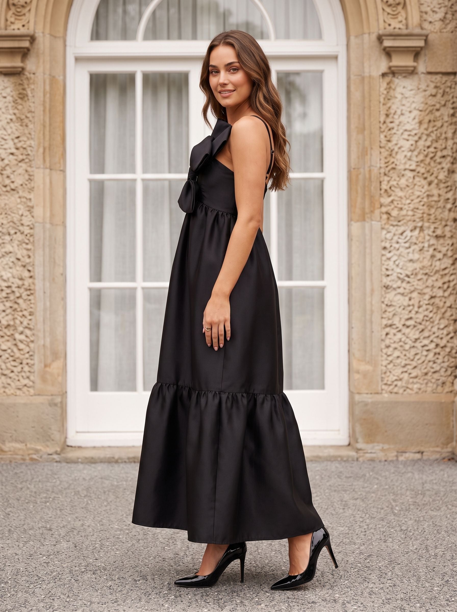 Black Satin A-Line One Shoulder Back Zip Floor-Length Dress with Front Bow and Side Pockets