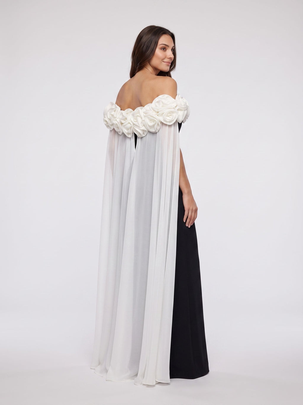Black Crepe column Off-the-Shoulder Back Zip Floor-Length Dress with Chiffon Cape