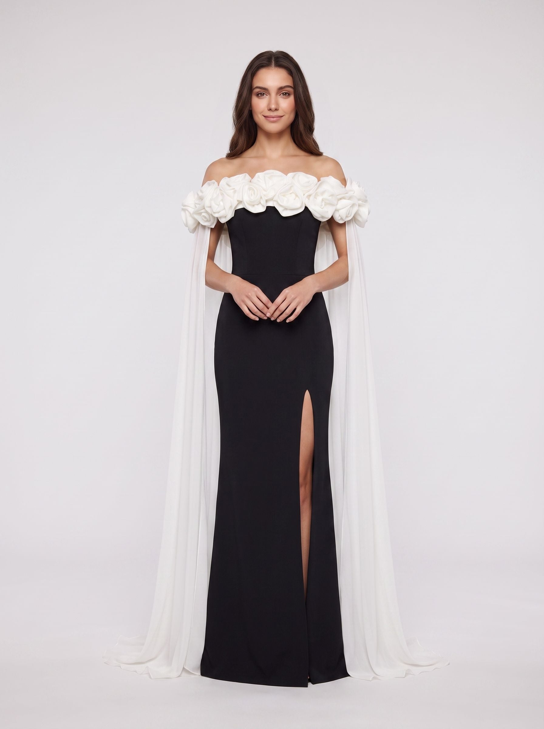 Black Crepe column Off-the-Shoulder Back Zip Floor-Length Dress with Chiffon Cape