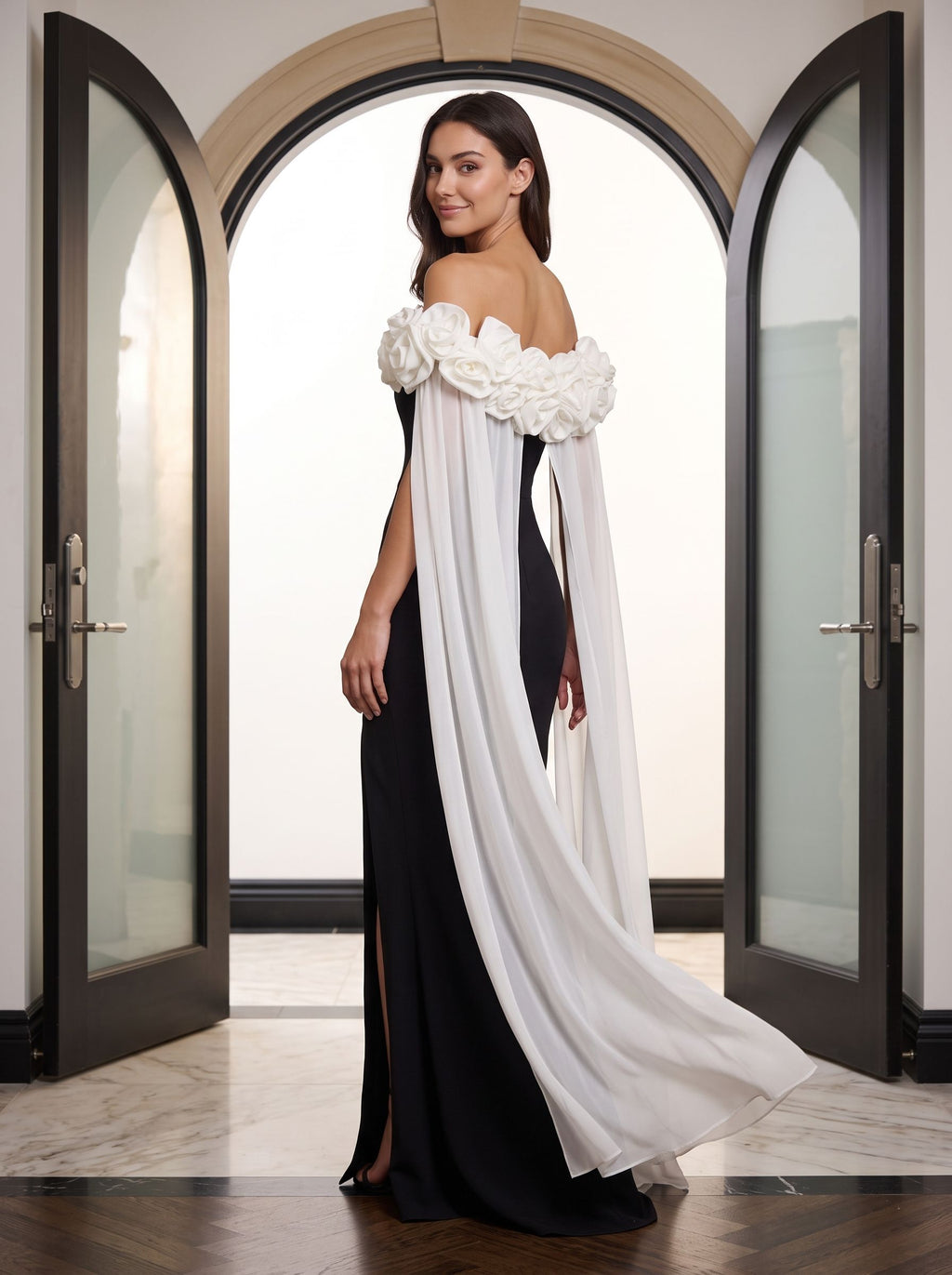Black Crepe column Off-the-Shoulder Back Zip Floor-Length Dress with Chiffon Cape